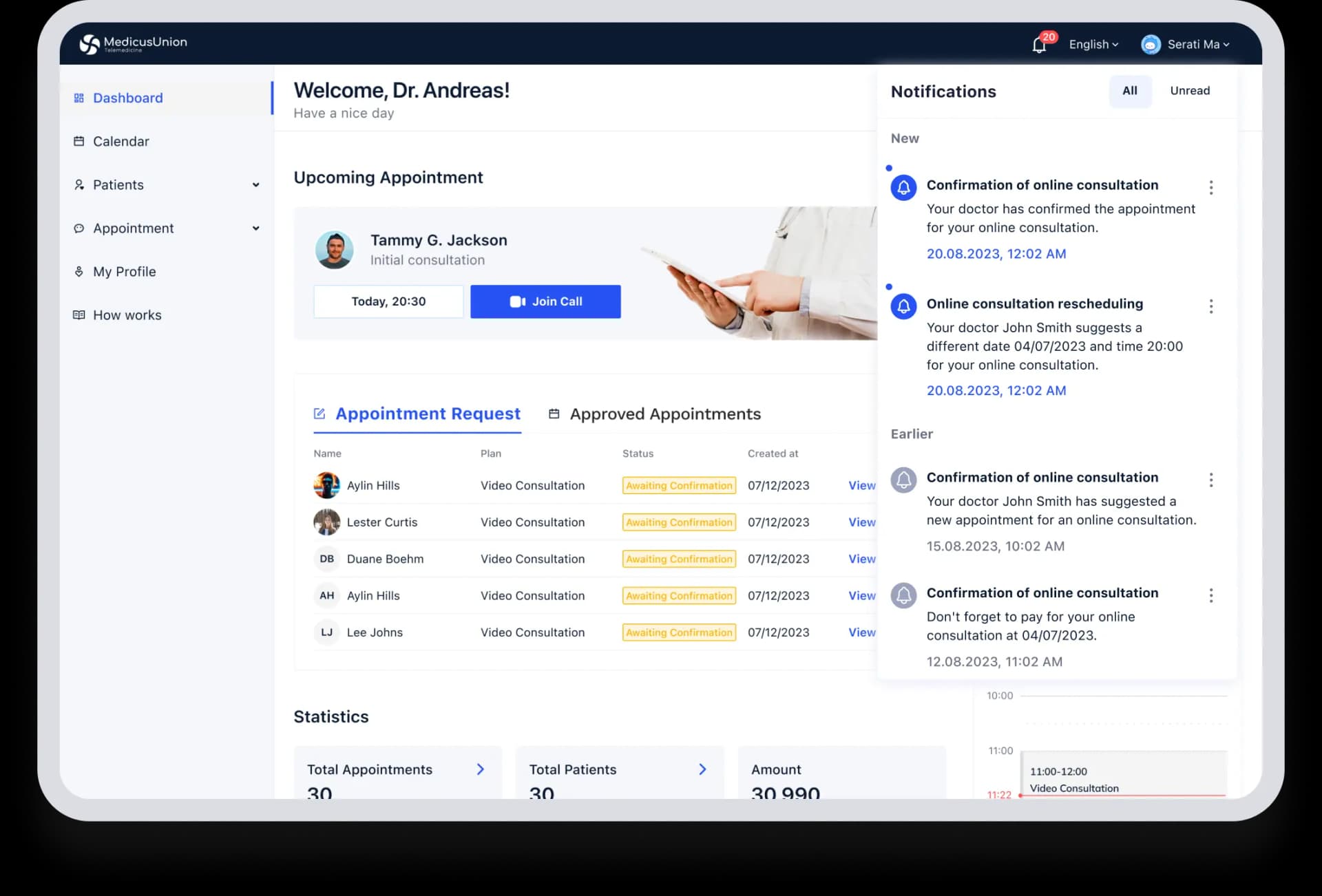 An dashboard, providing real-time updates and notifications for scheduled appointments.