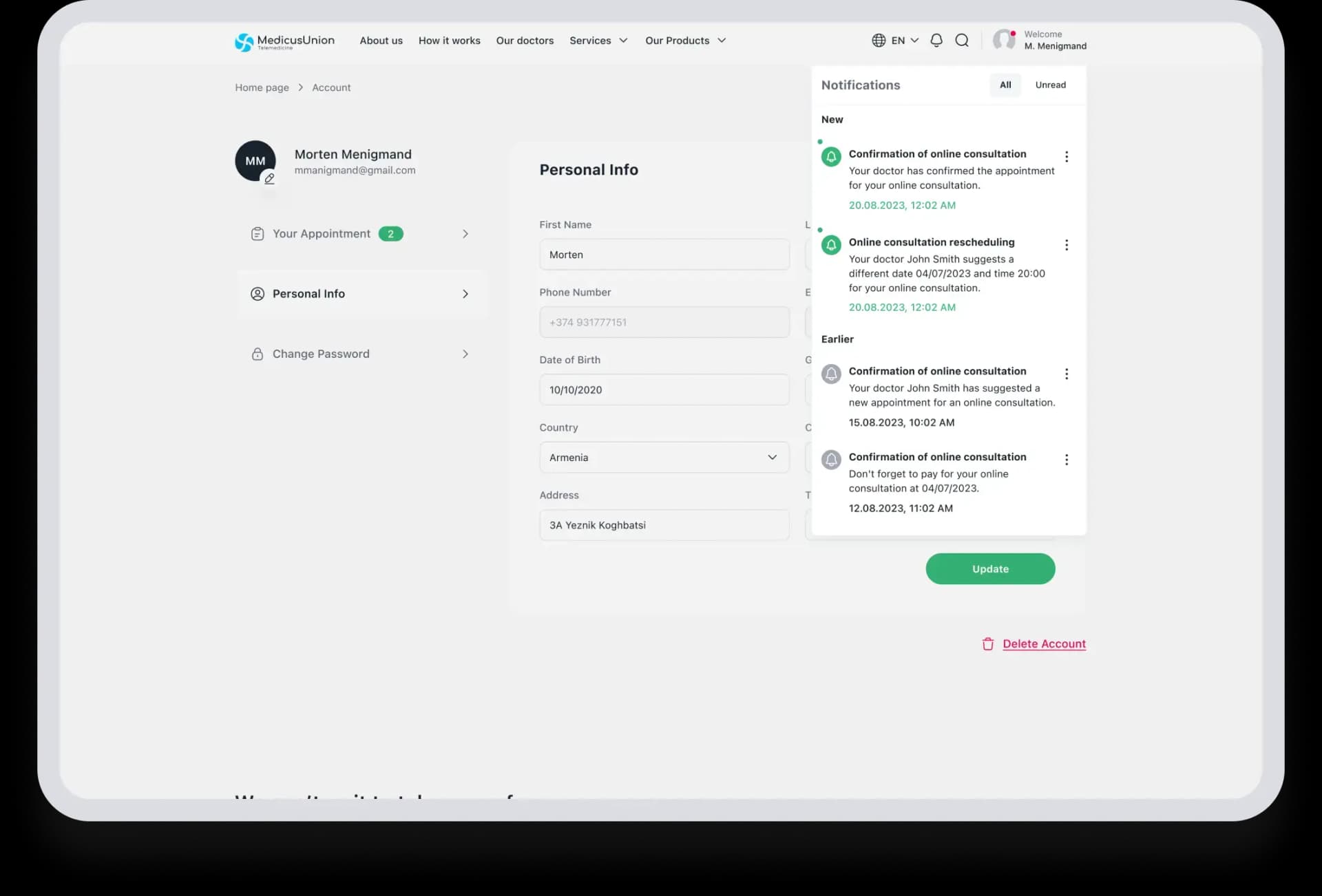 Notification page on website with appointment reminders via SMS and push notifications.