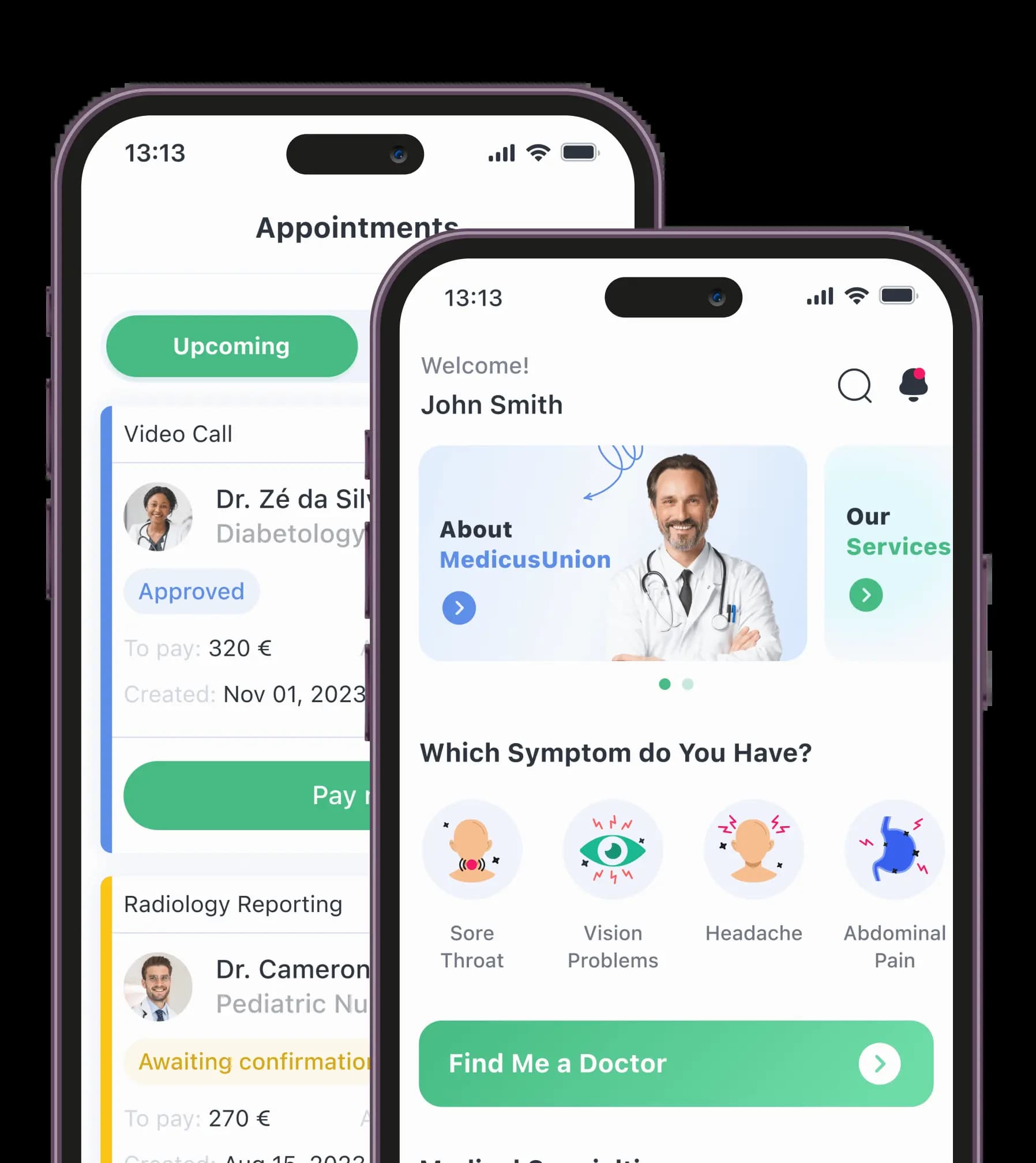 На двух телефонах показано приложение для записи к врачу для видеоконсультаций.