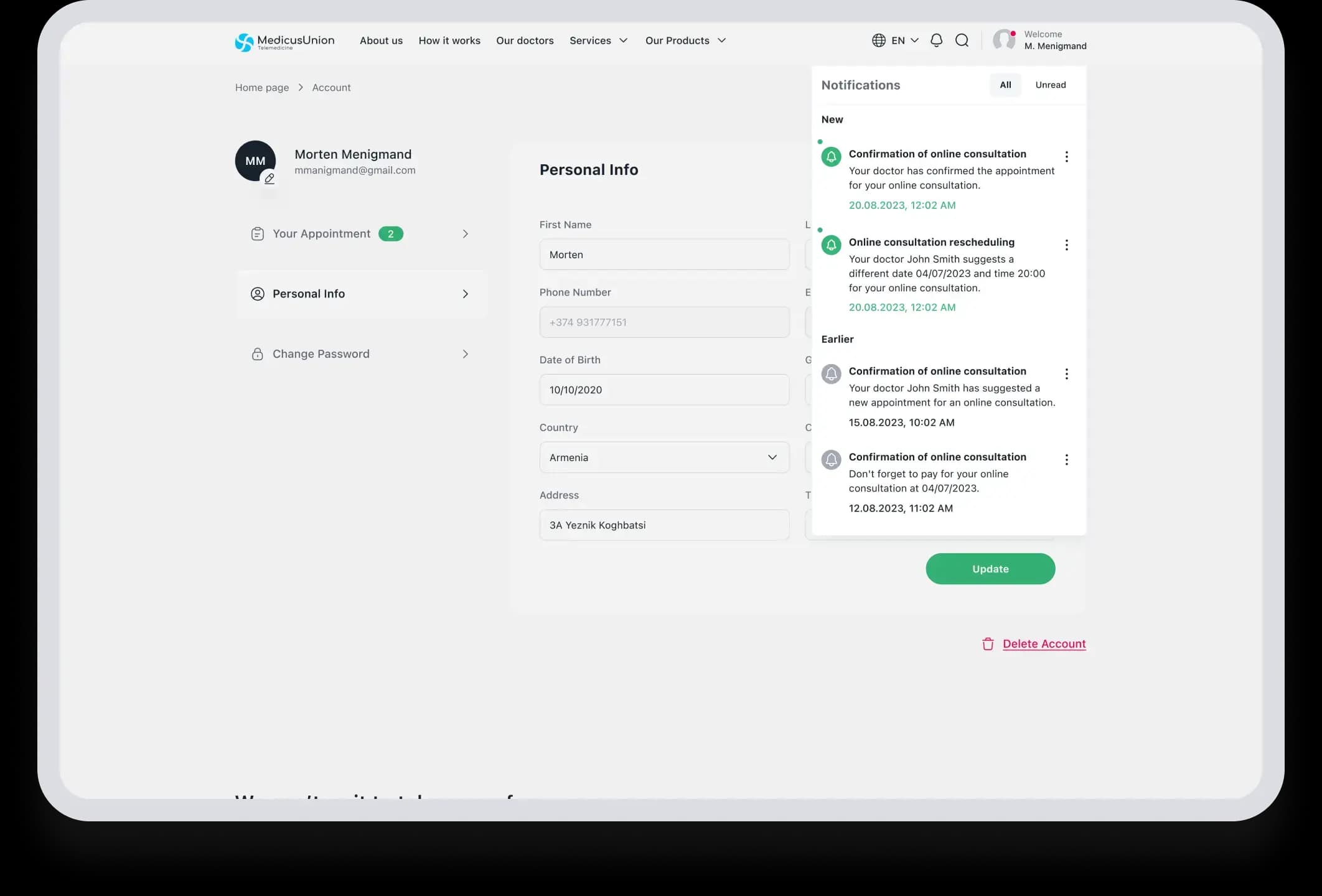 Notification page on website with appointment reminders via SMS and push notifications.