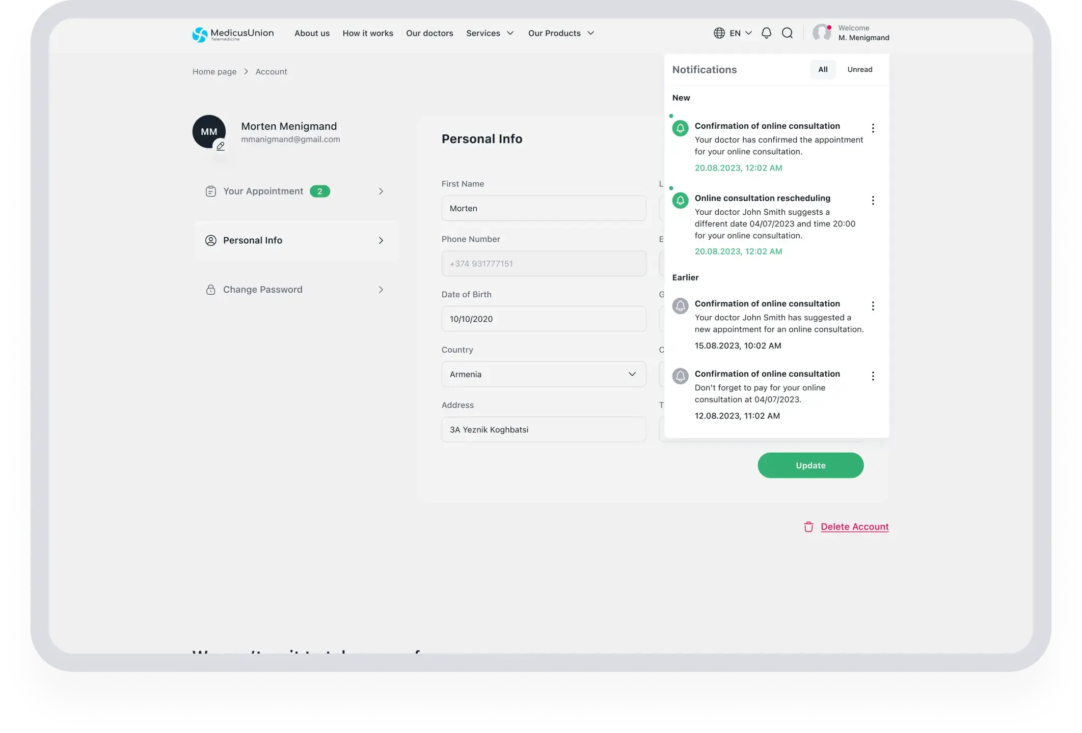 Notification page on website with appointment reminders via SMS and push notifications.