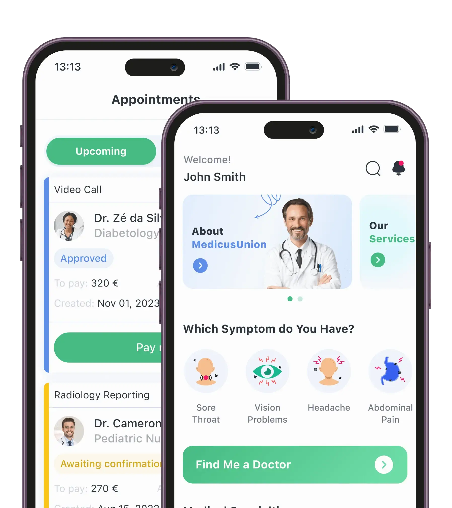 Two Phones showing doctor appointment app for video consultations.